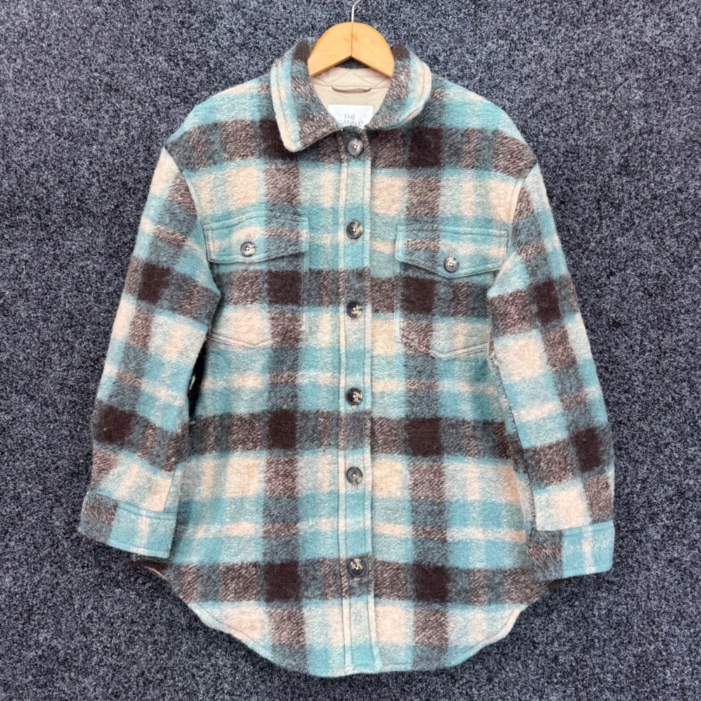 Wilfred Free The Ganna Shirt Jacket Wool Plaid Shacket Teal Brown Medium 100735